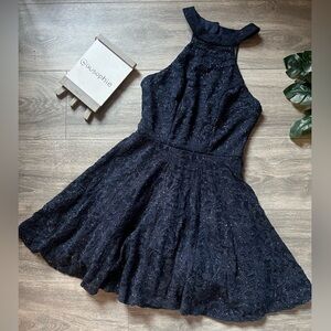 B. Smart semi formal glitter high neck mini dress w/ strappy back in navy Size 3
